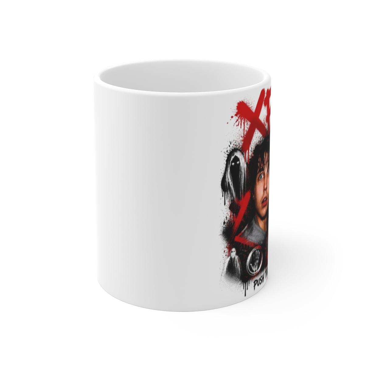 Sam and Colby " in bold, spray-painted style at the top. " White Mug - alternate angle 1, merchandise