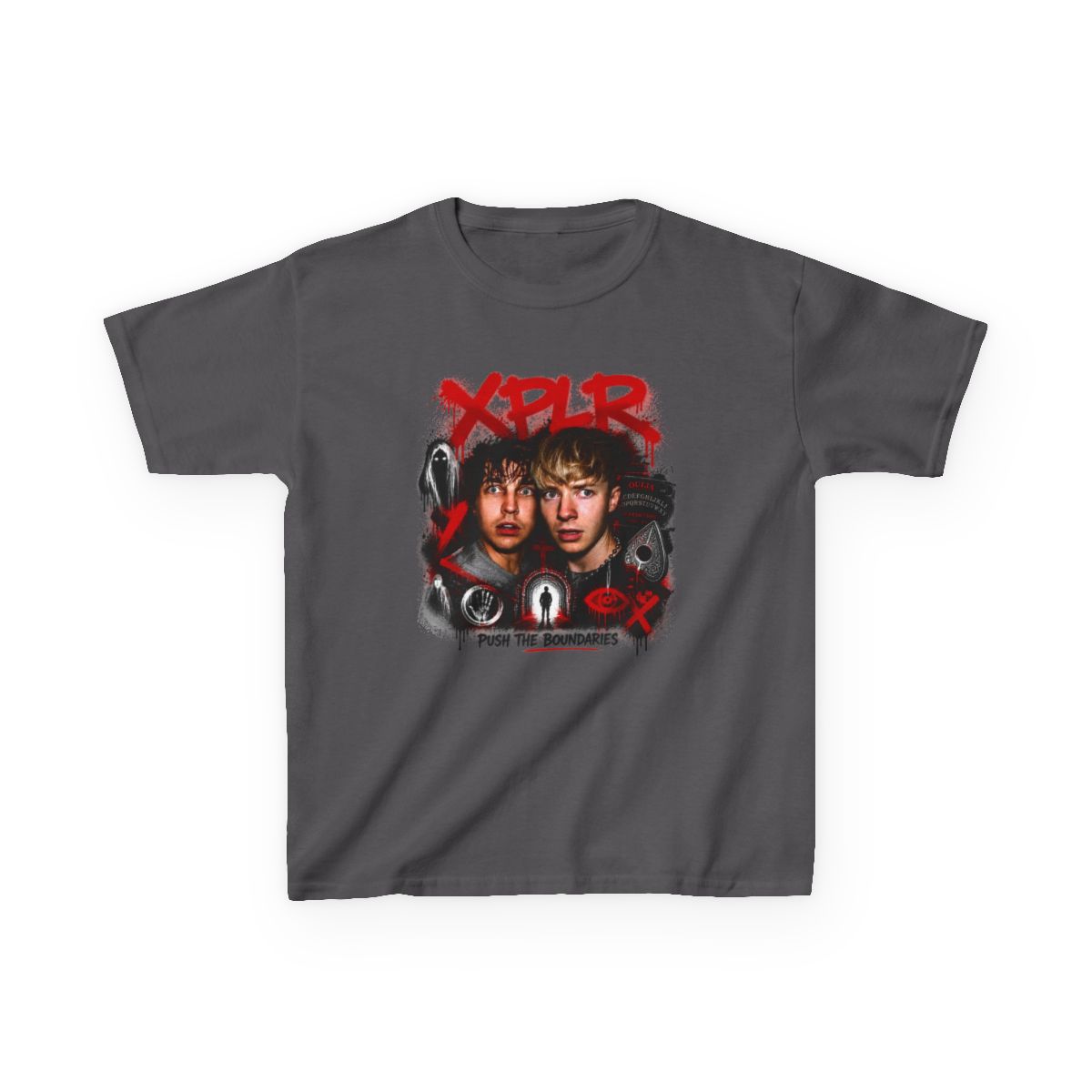 Sam and Colby " in bold, spray-painted style at the top. " Unisex Kids Tee - alternate angle 4, merchandise